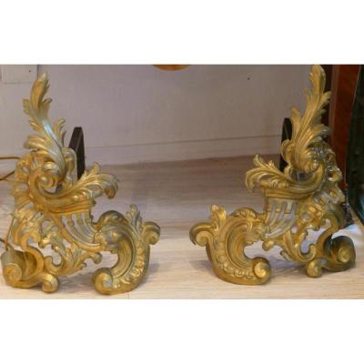 Pair Of Chenets Louis XV Rocaille Gilt Bronze, Time XIX