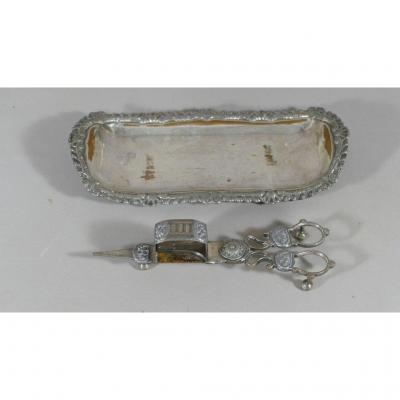 Pair Of Mouchettes Scissors Candles And Tray, Metal Lined Silver, XVIII