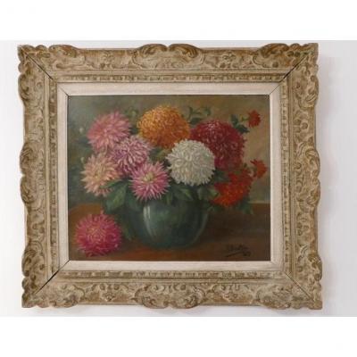 Les Dahlias, Huile Sur Panneau Signée X Quatter, Datée 1929, Cadre Montparnasse