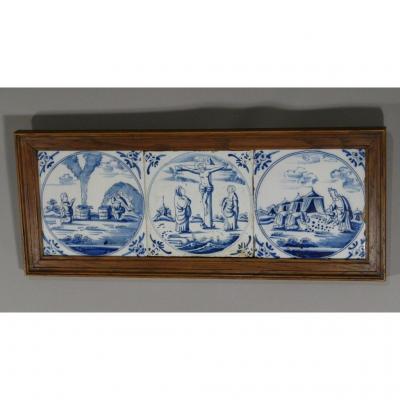 Delft XVIII Th Religious Triptych In Blue And White Ceramic Tiles