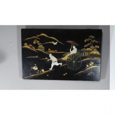 Lacquer Panel, Ivory And Mother Of Pearl, Rickshaw Scene, Japan, End XIX