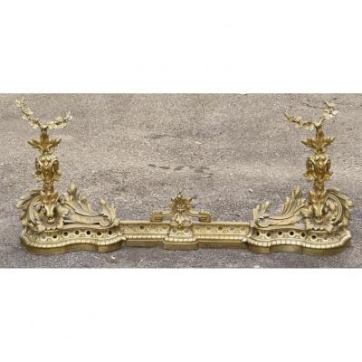 H 53 Cm !! Important Fireplace Front, Napoleon III Andirons In Gilt Bronze