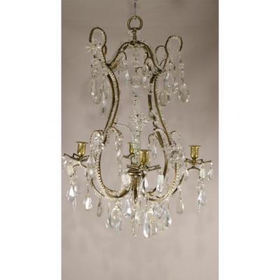 Beaded Cage Chandelier In Bronze, Crystal, In The Taste Of Baguès, XIXth Time