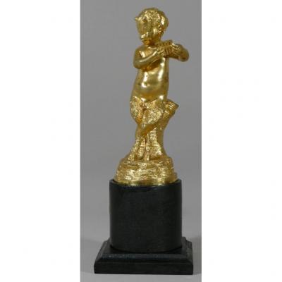 Statuette En Bronze Doré, Satyre à La Flûet De Pan, d'Après Clodion, époque XIX ème