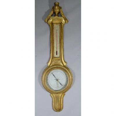 Baromètre Thermomètre Louis XVI En Bois Doré Par Mavero, époque XVIII ème Siècle