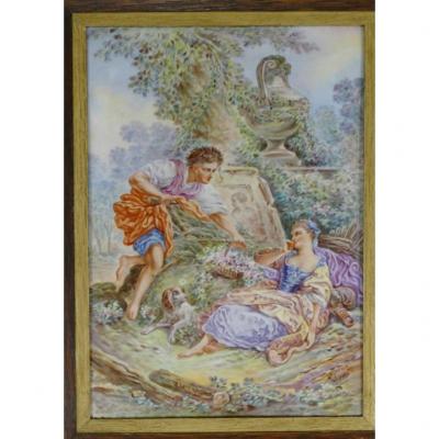 Tableau En Porcelaine, Scène Galante Dans Le Goût De Boucher, Limoges Vers 1950