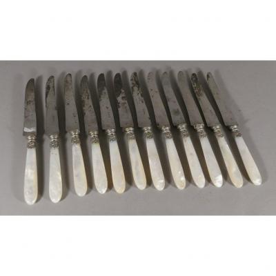 12 Cheese Or Dessert Knives In Mother Of Pearl, Silver And Steel, XIXth Time