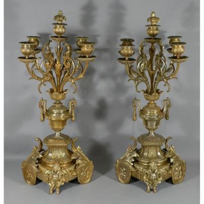 Pair Of Napoleon III Candlesticks In Gilt Bronze, Rams And Cherubs, Louis XVI Style