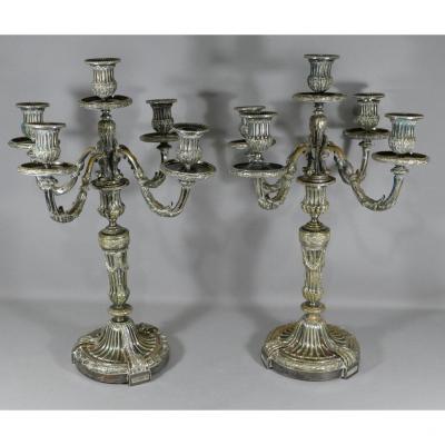 H Voisenet, Grande Paire De Chandeliers Candélabres Louis XVI En Bronze Argenté, époque XIX ème