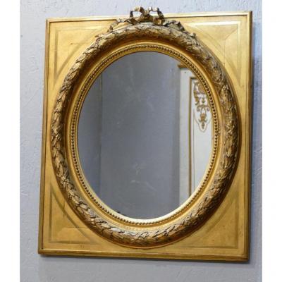 Maison Souty, Mirror Frame In Golden Wood Medallion Shape Louis XVI Style, XIX 