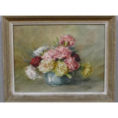 Carnations, Bouquet Of Flowers In Watercolor Signed Rouxel, Twentieth Time