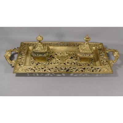 Double Desk Inkwell Napoleon III With Dragons In Chiseled And Gilded Bronze, XIXth Time