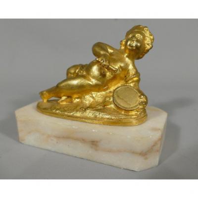 Gilt Bronze Statuette, Amour Langui Au Tambourine, Marble Base, Late Eighteenth Time