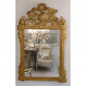 Louis XVI Mirror In Carved Wood Gilded With Leaf, Gardener Attributes, XVIII