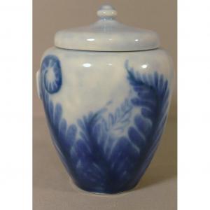 Camille Tharaud Limoges, Covered Vase Or Tobacco Jar With Blue Ferns, Art Deco