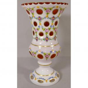 Hand Painted Bohemian Crystal Overlay Medici Vase, Early Twentieth Time
