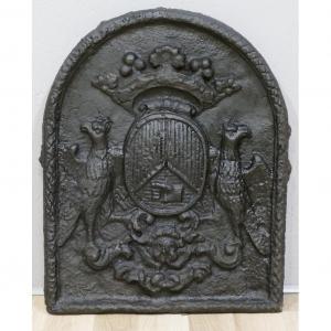 Plaque De Cheminée Fin XVII ème En Fonte Avec Couronne De Marquis Et Blason