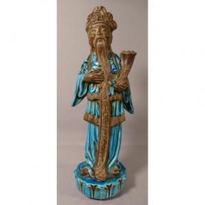 Chinese Man Statuette In Blue And Brown Enameled Ceramic, 1900s