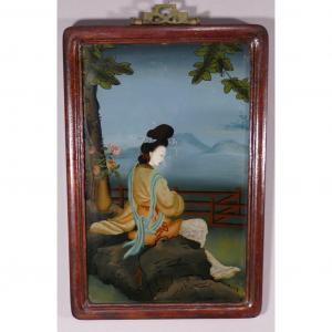 Tableau En Fixé Sous Verre, Femme à La Contemplation, Japon Début XX ème