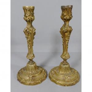 Pair Of Louis XV Rocaille Style Candlesticks In Gilt Bronze, XIXth Time