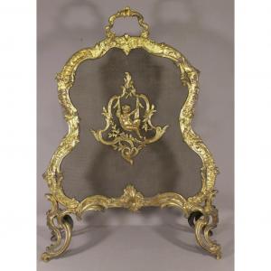 Charles Casier, Fireplace Screen In Gilt Bronze With Putto, Napoleon III Period, XIX