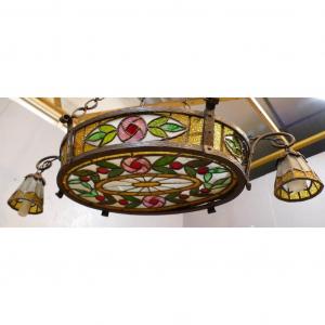 Art Deco Chandelier In Stained Glass, Stained Glass And Wrought Iron, 1930s