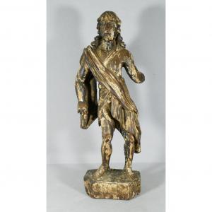 Sculpture XVIII ème d'Un Homme Sous Louis XIV Ou Louis XV, Bois Polychrome Et Doré