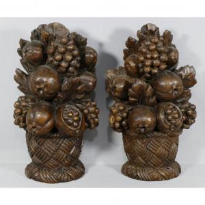 Pair Of Elements In Carved Oak, Bouquet Of Fruits In Half Basket, XIXth Time