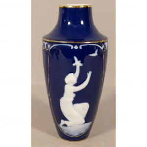 Marcel Chaufriasse, Limoges Barbotine Porcelain Vase, Young Woman With Doves