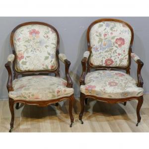 Pair Of Louis XV Armchairs In Solid Rosewood Napoleon III Period, XIX