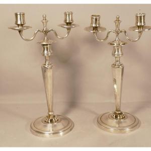 Claude Galle Or Ravrio, Pair Of Candlesticks Candlesticks In Silver Bronze, Late Eighteenth Century