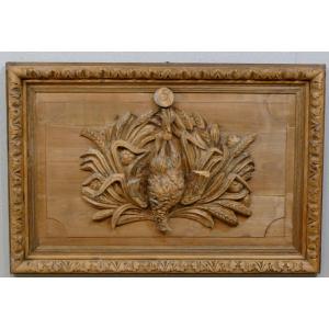 Woodwork Panel With Carved Pheasant, Game Hunting Trophy, XIX