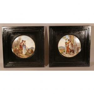 Pair Of Medallions, Hand Painted Porcelain Plates, Galante Scene, Late 19th Century