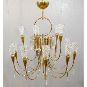 Grand Lustre Design Vintage En Laiton Et Cristal à 15 Lumières, époque Vers 1970, Italie?