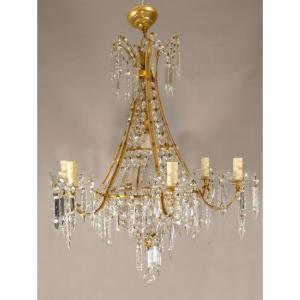 Louis XVI Style Basket Chandelier In Golden Brass And Crystal, Early 20th Century