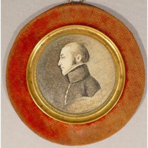 Empire,Portrait d'Un Homme, Miniature Au Crayon, Cadre En Or, Jean Baptiste De Barthélémy, 1805