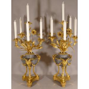 Pair Of Cassolettes Flower Vases Mounted In Candelabra With Lilies And Rams, XIXth Time