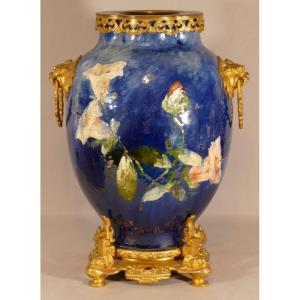 Haviland & Co, Atelier d'Auteuil, Cassolette Vase In Glazed Terracotta And Gilt Bronze XIX