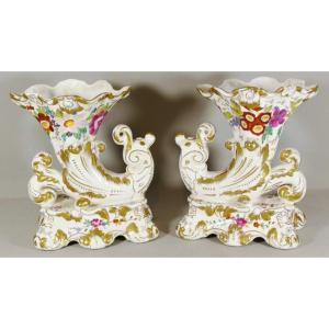 Pair Of Rhyton Vases In Paris Porcelain Enameled With Flowers, XIXth