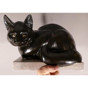 Le Chat, Sculpture En Terre Cuite émaillée Gabriel Beauvais, Kaza édition France, 1930