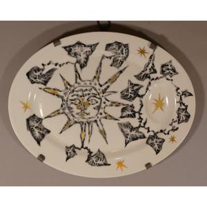 Jean Lurçat Et Haviland, Large Oval Dish With Black And Golden Sun, 1960 Period