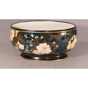 Porcelain Planter With Roses On A Black Background, Limoges, Late 19th Century