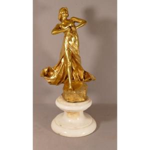 Pierre Félix Fix-masseau (1869-1937), Petite Folle, Gilt Bronze Statuette On Marble Base