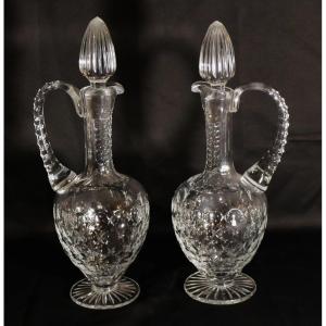 Pair Of Ewers, Water Or Wine Carafes In Cut Crystal, Early Twentieth Time