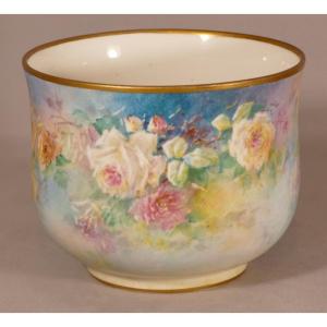 Cache Pot Aux Roses, Porcelaine De Limoges Peinte à La Main, Marcadet, Début XX ème 