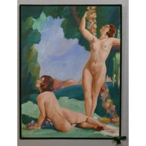 Les Baigneuses, Grand Tableau Art Déco, Femmes Nues 1930