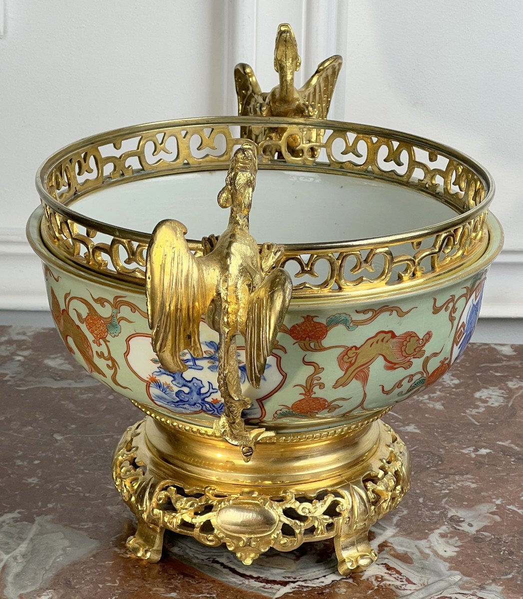 Coupe Chinoise Ancienne En Porcelaine Et Monture Bronze A Decor De Dragon-photo-3