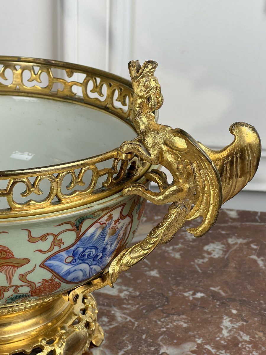 Coupe Chinoise Ancienne En Porcelaine Et Monture Bronze A Decor De Dragon-photo-7