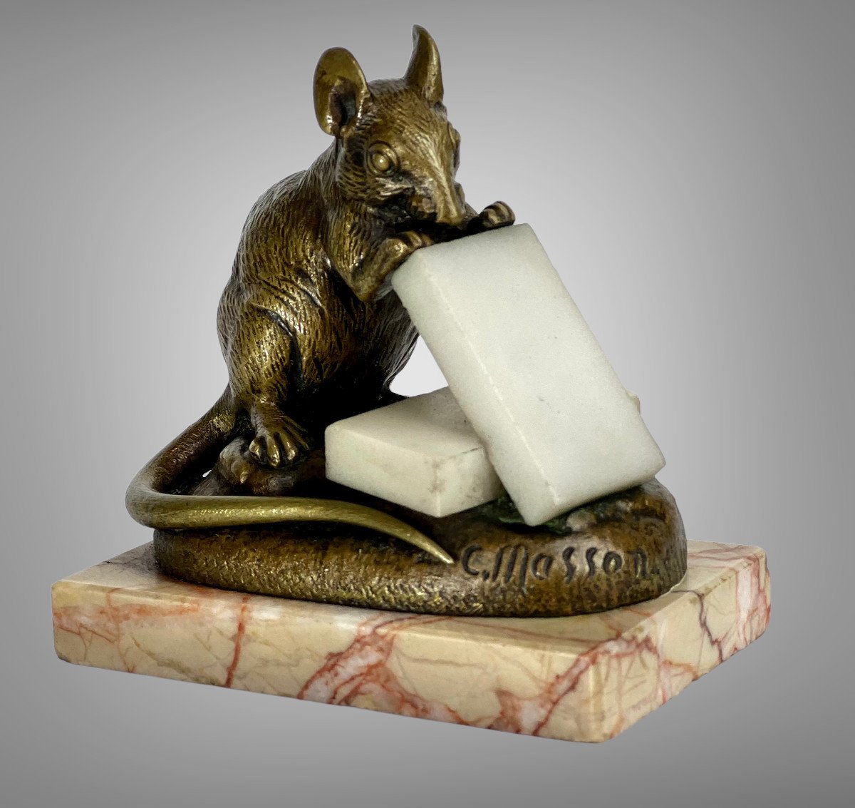 Mouse With 2 Sugars In Bronze Signed By Masson 1838/1913 On A Marble Base-photo-4