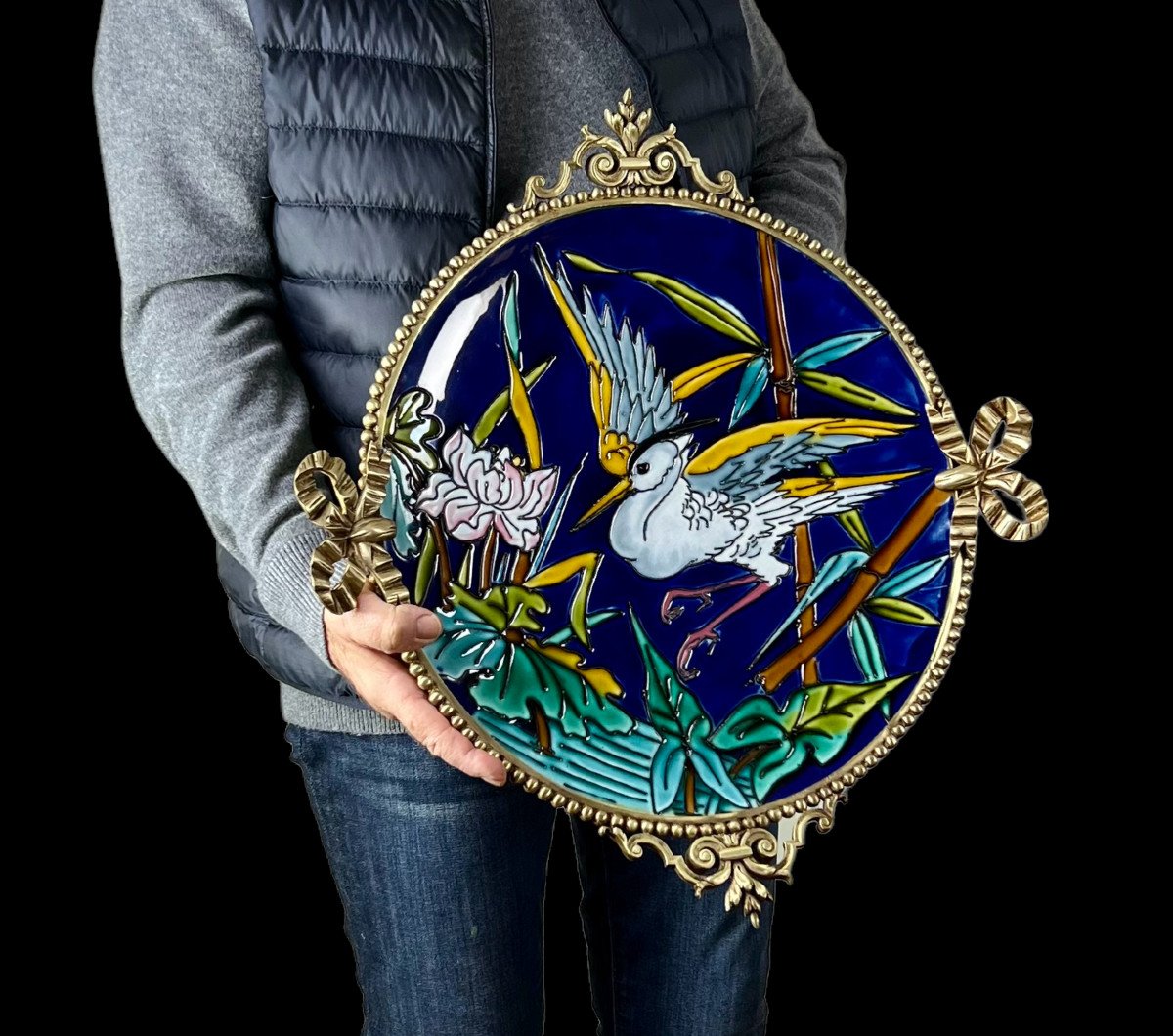 Large Ceramic Dish In The Style Of Theodore Deck With Gilt Bronze Mount